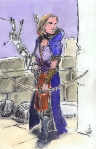 Dessin au marqueur et à l'aquarelle d'un archer femme sur le point de tirer.