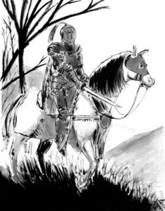 Image trditionellel d'un chevalier en armure sur sa monture.