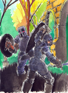 Scène de combat entre deux soldats en armure dans des ruines. Etude pour une scénette de BD (encre de chine et aquarelle).