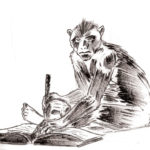 Ancien dessin au marqueur d'un singe qui lit.