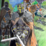 Dessin d'un groupe de chevaliers en armure, à l'aurée d'une forêt et près d'un chateau fort.