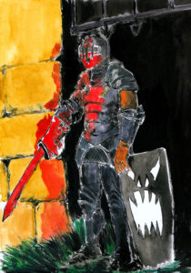 Dessin d'un soldat en armure, un peu gladiateur sur les bords (aquarelle et encre de chine).