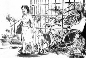 Dessin à l'encre de chine et au lavis, ayant pour titre: Nora à la plage, accompagné d'un petit garçon, à côté d'une bicyclette.