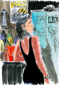 Alba au bar (dessin à l'encre et aquarelle)