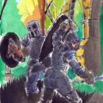 Scène de combat entre deux soldats en armure dans des ruines. Etude pour une scénette de BD (encre de chine et aquarelle).