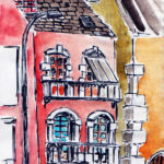 Petit immeuble rouge, extrait d'un carnet de dessin (marqueur et aquarelle).